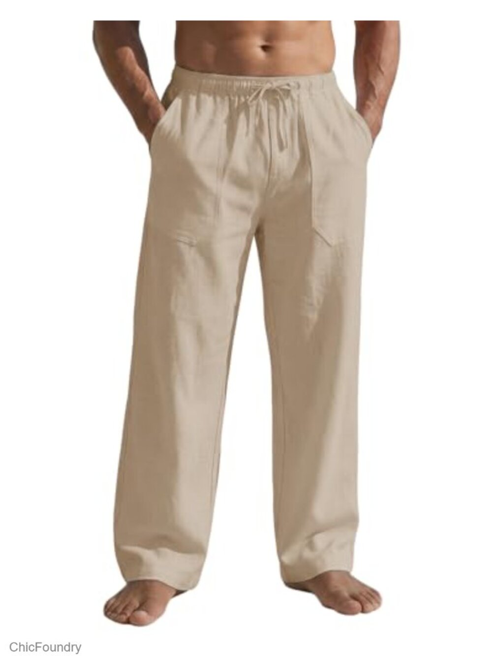 Men's Casual Linen Pants Summer Beach Trousers Loose Fit Straight Leg Elastic